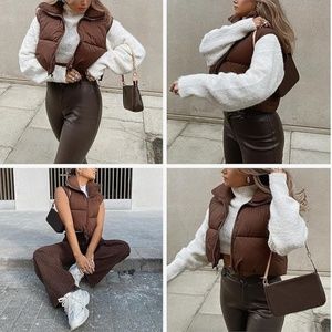 Women's Lightweight Winter Crop Puffer Vest Warm Sleeveless Zip Up Stand Collar